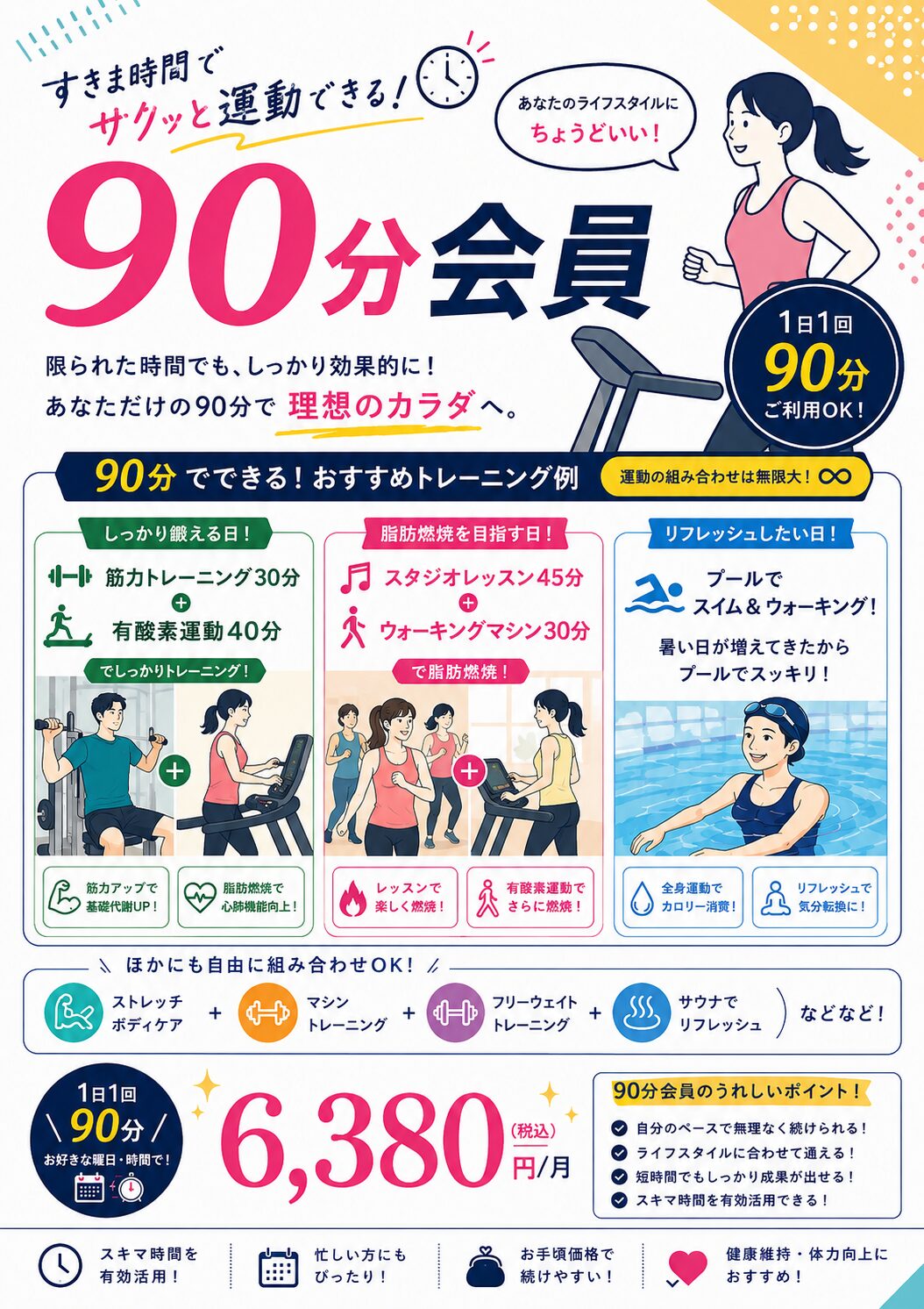 アクトス盛岡 90分会員 月額6,380円。筋力トレーニング、有酸素運動、スタジオ、プールなどを90分間利用できる会員プラン